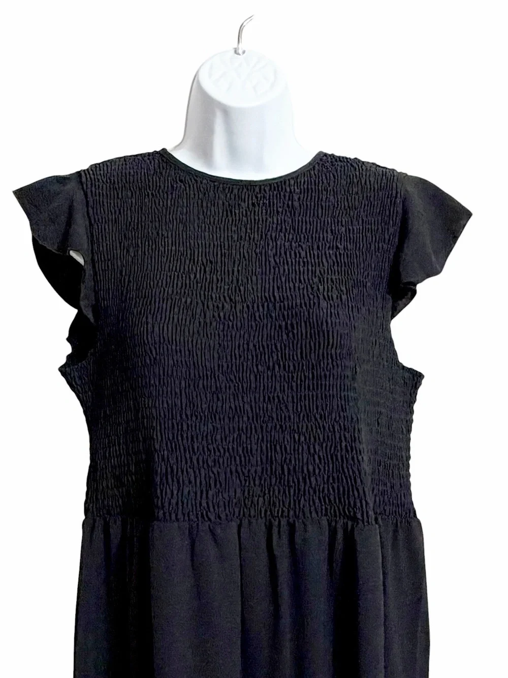 Boho Tiered Smocked Midi Dress Womens XL Black Flutter Sleeve Dark Cottagecore - Picture 2 of 7